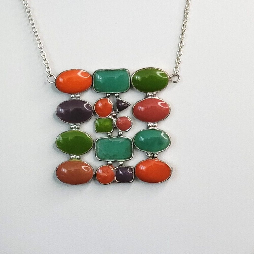 Silver Tone Round Link Chain Multicolored Enamel Pendant Fashion Necklace 17 in